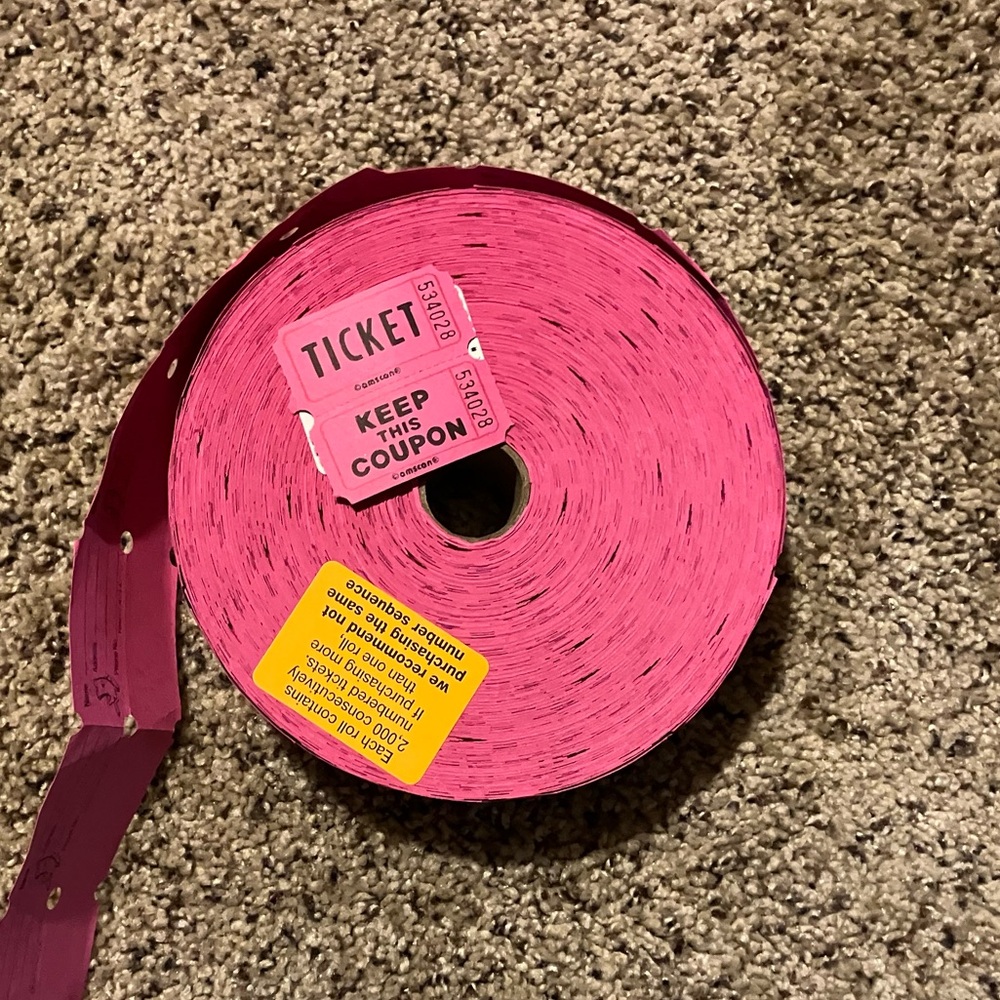 Pink Raffle Ticket Roll for Parties (Approximately 2000 remaining on roll)